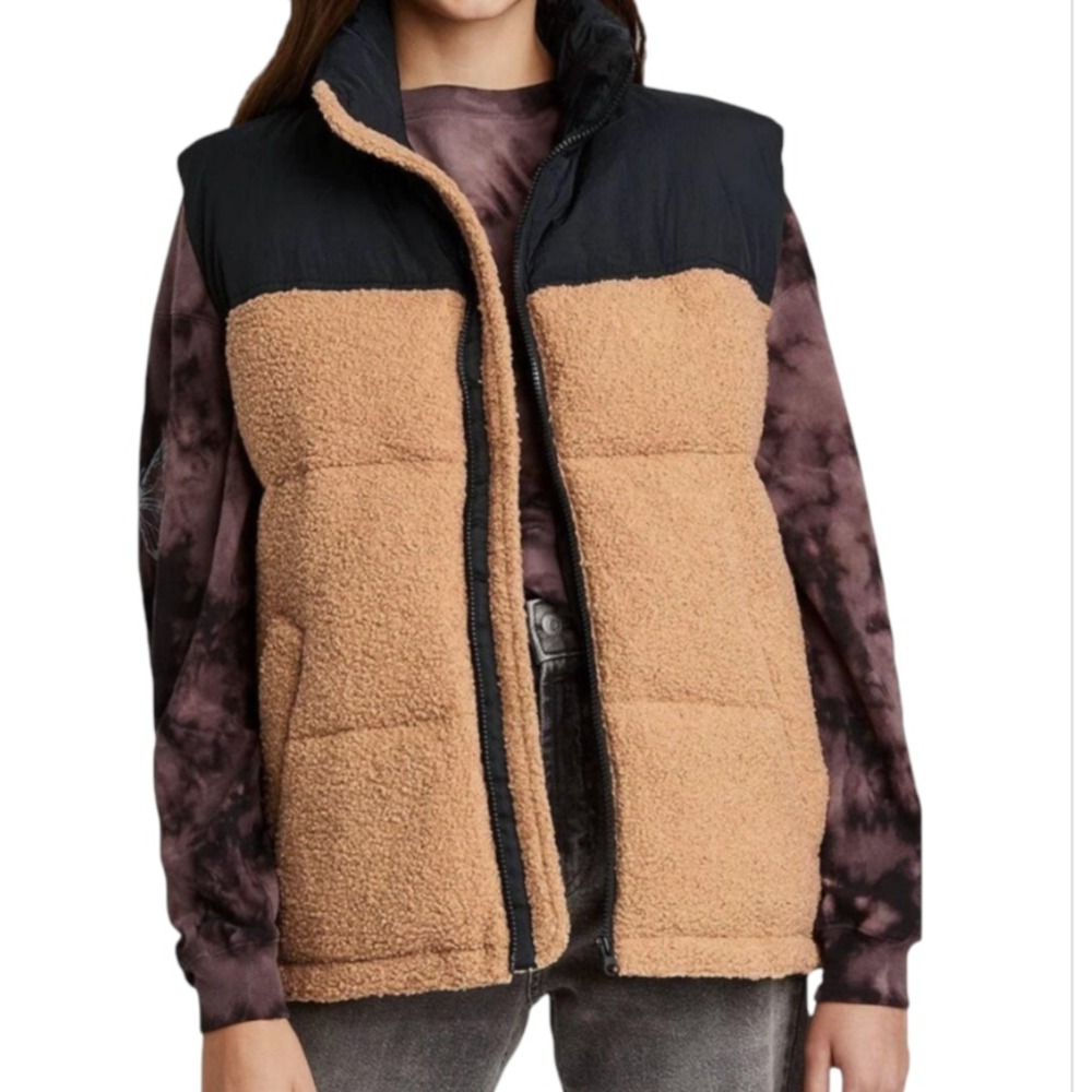 WILD FABLE PUFFY VEST Brown Sherpa Faux Fur &Dark Brown Puffer ZIP-UP Pockets S